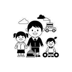 Family with toys a man stands between two girls amidst cloud car and toy icons