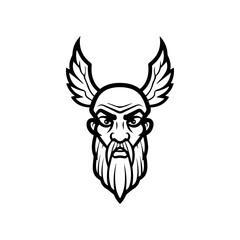 Warrior head with a winged helmet and pointed beard in black and white
