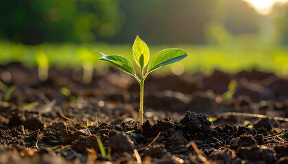 A solitary, vibrant green sprout emerges from dark, rich soil. The sun illuminates the tender leaves against a blurred background of greenery