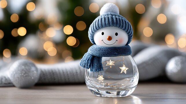 Cute glass snowman decoration wearing a blue hat and scarf, featuring warm star lights inside, creating a cozy festive atmosphere for holiday celebrations