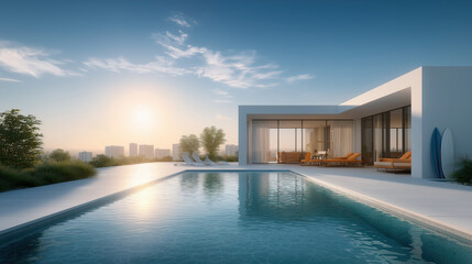 Fototapeta premium Luxury modern villa with swimming pool and surfboard during sunset, offering a serene and relaxing atmosphere