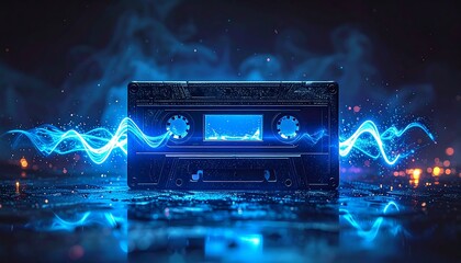 Retro Audio Cassette Tape with Glowing Blue Energy Waves.