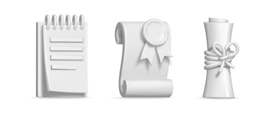 Glossy icons set of paper documents. Paper old script roll tied with rope, tablet with notes and certificate with stamp on dark. PNG illustration.