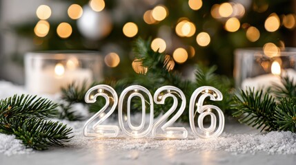 Illuminated 2026 on artificial snow with pine branches and candles, warm bokeh christmas tree lights in background creating a cozy, festive new year celebration scene