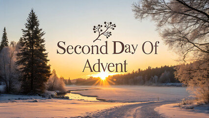 Second day of advent a serene winter sunrise illuminates a frosty landscape with a winding path evoking peace and anticipation