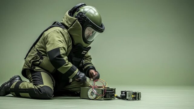 Bomb Squad Technician Working on Explosive Device in Green Background and Protective Suit with Black Gloves