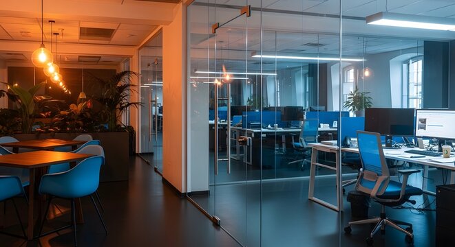 Modern openplan office interior with glass partitions, workstations, and a lounge area, illuminated by warm pendant lights and ceiling fixtures