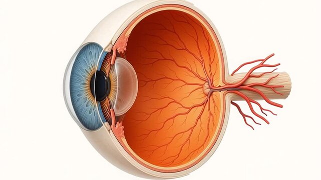 Medical eye anatomy detailed illustration showing retina blood vessel cornea lens pupil optic nerve cross section for healthcare education vision health anatomy medical retina blood vessel cornea