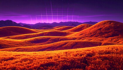 Surreal Orange Hills Under a Glowing Purple Sky.