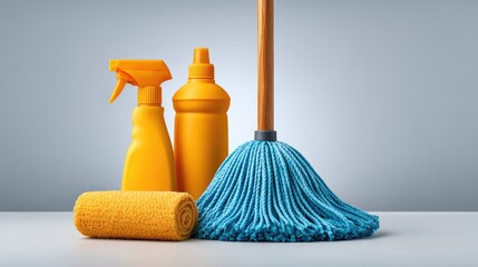 Cleaning Supplies Arrangement Featuring Yellow Bottles, Blue Mop, and Yellow Cloth on a Light Background for Home and Office Cleaning Concepts