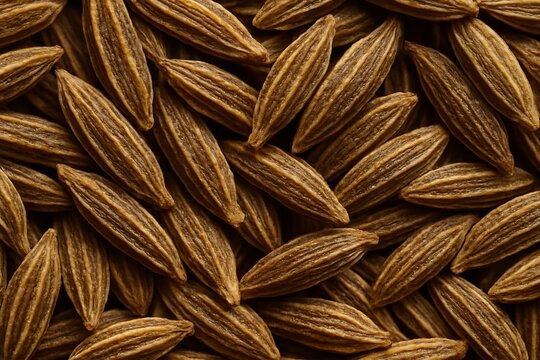 Macro photo of cumin seeds texture, showing detailed surface and warm brown tones, perfect for spices, cooking, and culinary ingredient concepts - Powered by Adobe