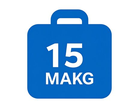 A simplified, vibrant blue luggage icon with a handle on top, showcasing the number "15" and the abbreviation "MAKG" in white, against a clean white backdrop