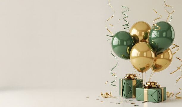 celebration scene with green and gold balloons and gift boxes
