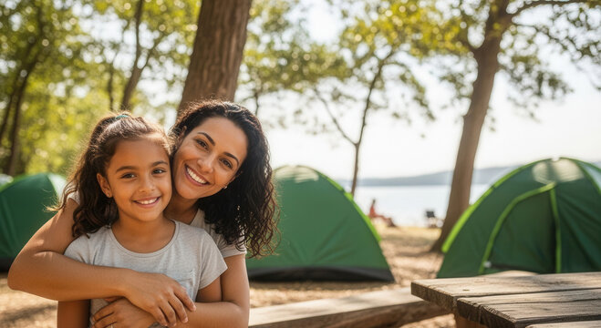 Happy Mom and daughter camping