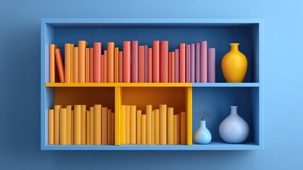 Colorful wooden bookshelf filled with varying shades of books and decorative vases against a vibrant blue wall, ideal for creative and educational concepts in modern design.