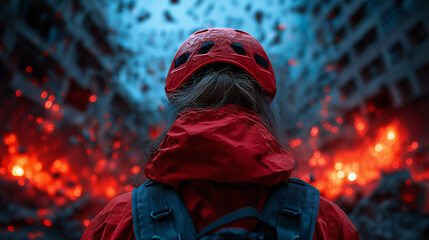 Kind mit roter Jacke steht vor dramatischer Feuer-Eis-Szene in surrealer Komposition