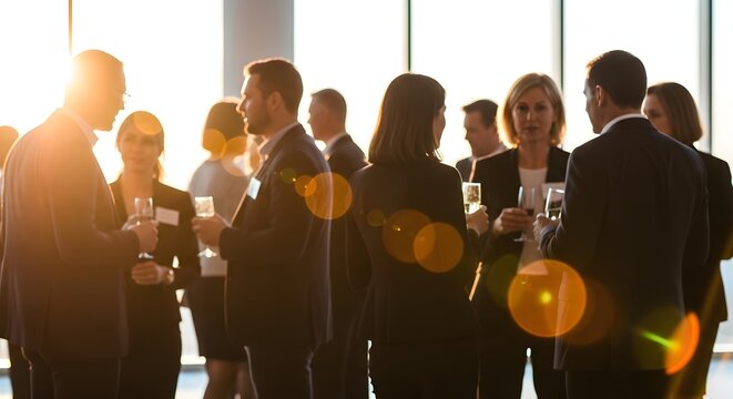 Business professionals mingling and networking at a corporate event or reception, holding drinks and conversing