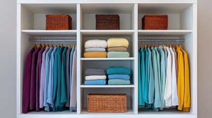 Neatly Organized Closet Featuring Colorful Sweaters, Folded Towels, and Baskets, Showcasing a Modern and Minimalist Home Interior Style for Fashion and Lifestyle Needs