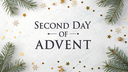 Second day of advent festive greeting with evergreen branches and sparkling confetti on a white background celebrating the christmas season