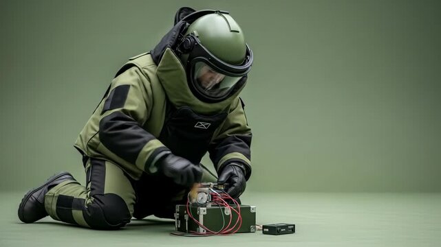 Expert Demolition Green Suit on Knee Focus on Explosive Device Wired Mechanism at Pale Green Background