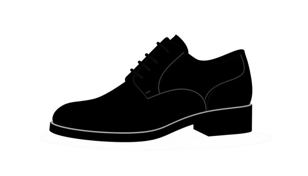 A simplistic silhouette of a black leather dress shoe, viewed from the side, isolated against a white background. Features laces and a slight heel