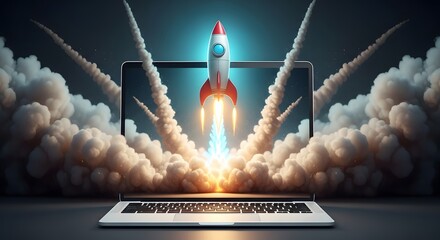 A digital rocket launching from a laptop screen, symbolizing startup, innovation, and technological advancement with dramatic smoke trails and a dark, futuristic background