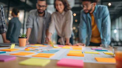 Diverse team collaborating on a project using sticky notes and a large diagram