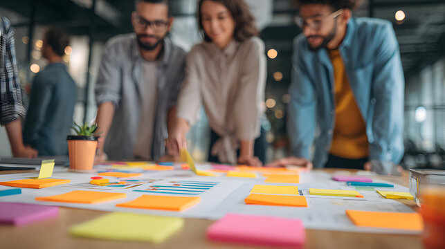 Diverse team collaborating on a project using sticky notes and a large diagram