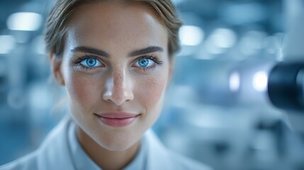 Close up of a beautiful woman with glowing blue eyes in a futuristic setting.