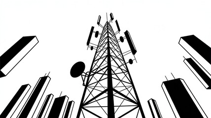 Striking monochrome silhouette of a communications tower amidst city buildings, conveying modern technology and connectivity in a minimalist style