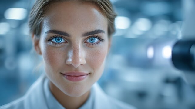 Close up of a beautiful woman with glowing blue eyes in a futuristic setting.