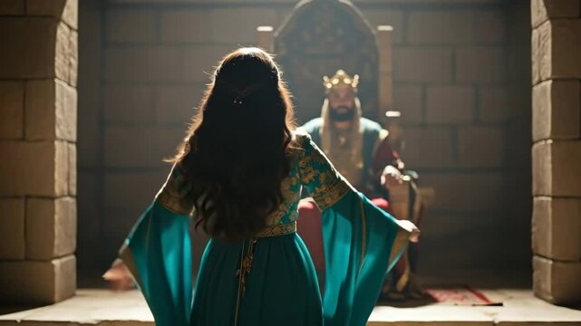 Woman in teal dress performing a dance before a king on his throne in a dark ancient chamber, biblical scene footage.