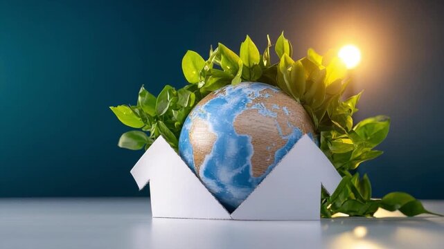 Earth in Nature's Embrace: Earth gently cradled within a paper house frame, entwined by vibrant green leaves, embodies a call for ecological consciousness and environmental protection. 