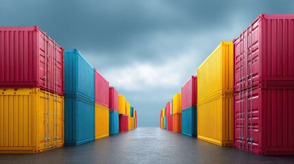 Fototapeta premium Aerial View of a Colorful Shipping Container Yard Under Moody Skies, Featuring Rows of Bright Red, Blue, and Yellow Containers on a Paved Surface