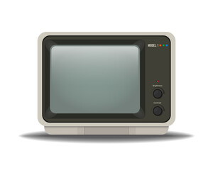 Old vintage computer monitor. CRT monitor from 80-s with knobs and realistic glare effect. Empty, blank screen with transparency. Template for retro computer monitor setup.
