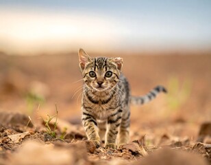 A small, tabby kitten walks toward the camera, looking curious and alert in a barren, reddish landscape with a blurred background