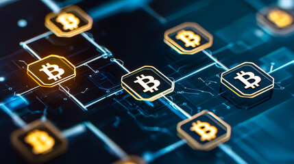 Abstract network showcasing cryptocurrency symbols with futuristic design, representing digital finance and blockchain technology