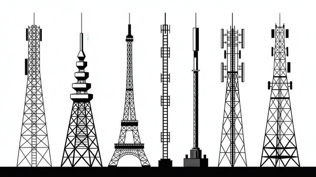 Diverse communication towers showcase modern technology and global connectivity in a bold, architectural design ideal for infrastructure projects