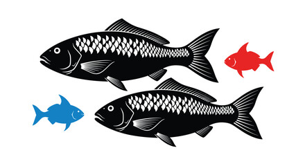 Two large black fish swim towards two smaller fish red and blue.