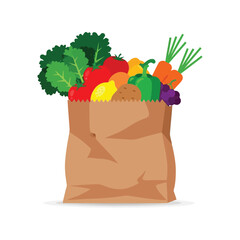 Fresh healthy vegetables overflowing brown paper grocery bag shopping food vector © azad