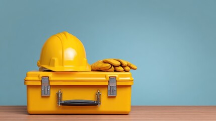 Bright Yellow Construction Helmet and Gloves Resting on a Tool Box Against a Soft Blue Background for Safety and Professionalism in the Building Industry