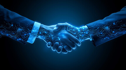 Digital handshake symbolizing collaboration innovation and technology driven partnerships in modern business landscape