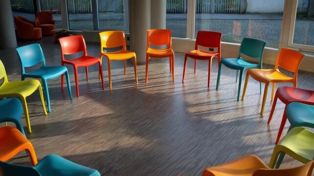 Colorful plastic chairs arranged in a circle around an empty center in a bright room.