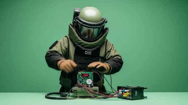 Bomb Disposal Expert in Protective Gear Examining Explosive Device on Table Against Light Green Background