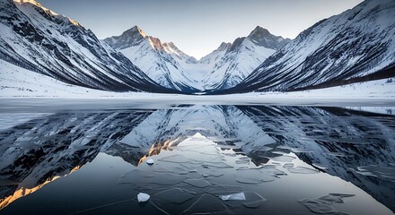 Majestic snow-capped mountains reflected perfectly in a serene, icy lake during a tranquil dawn.