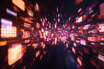 Vibrant digital abstract background with glowing squares and rectangles, creating sense of depth and motion in futuristic environment