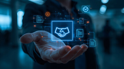 Digital partnership concept presented over a mans hand in a futuristic blue environment representing collaboration