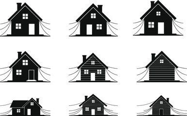 Rustic wooden house icon set collection in black silhouette style, cabin and cottage vector design for real estate architecture illustrations