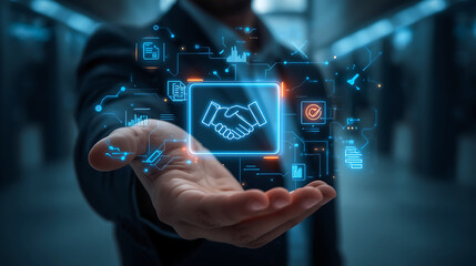 Digital partnership concept represented through holographic interface floating above businessmans hand signaling agreement and collaboration