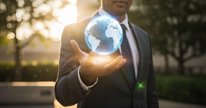 Businessman holding a glowing holographic Earth. Symbolizes global business, connectivity, international markets, digital communication, worldwide solutions, and environmental focus
